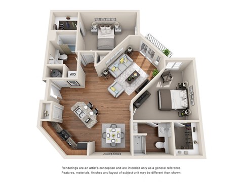 Floor plan for 2 beds, 2 baths, 1076 sqft